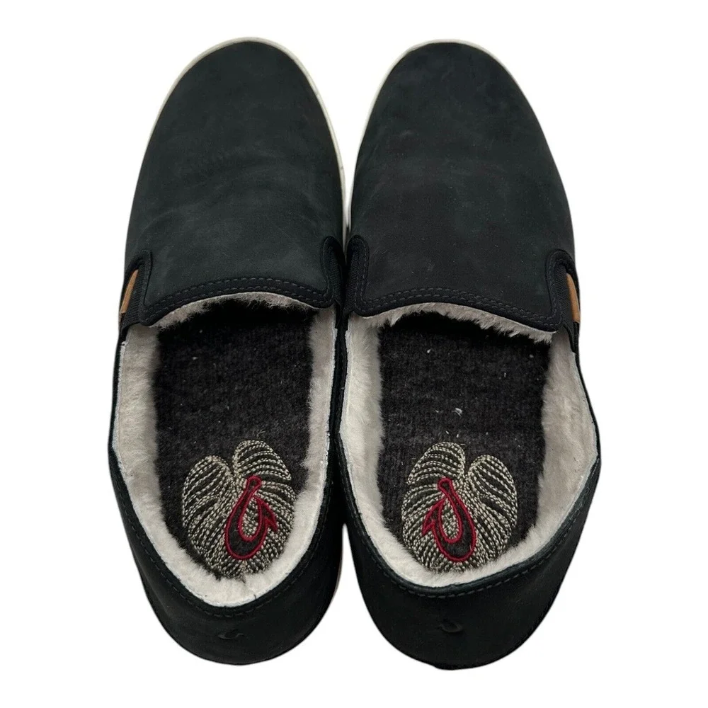 OluKai‎ Pehuea Heu Shearling Slip On Shoes Womens 10 Black Lava Leather Sneakers